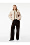 Mock Neck Long Sleeve Zippered Corded Fabric Velvet Puffer Coat with Pockets
