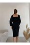 Heart Neckline Belted Imported Crepe Fabric Long Sleeve Midi Length Dress 582671 Black - 4