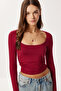 Drawstring Crop Knitted Blouse Lub0267 Bordo