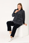 Women's Plus Size Navy Blue Patterned Cotton Velvet Zippered Long Sleeve Pocketed Bottom Top Tracksuit Set - 3