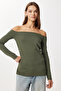 Open Shoulder Gathered Knitted Blouse Lub0272 Khaki