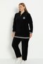 Women's Plus Size Black Hooded Cotton Velvet Print Detailed Pocketed Bottom Top Tracksuit Set - 4