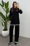 Women's Black Shepherd Stitched Sweater and Trouser End Corded Fabric Look Knitwear Suit with Trousers