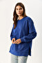 Women's Crew Neck Side Slit Regular Fit 3 Thread Sweatshirt 100% Cotton - Navy - 6