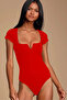 Women's Red Chest-Cut-Out V-Neck Detailed Square Neck Short Sleeve Silk Jersey Gathering Bodysuit