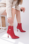 Women's Heeled Boots Pointed Toe Red Leather-Look Gold Detailed 9.5 cm Thin Heel Stylish Design