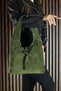 Khaki Genuine Cowhide Suede Tasseled Magnetic Closure Medium Size Daily Shoulder Bag