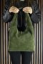 Khaki Genuine Cowhide Suede Tasseled Magnetic Closure Medium Size Daily Shoulder Bag - 2