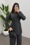 Women's Gray Waist Tied Button Detailed Corded Fabric Knitwear Sweater Trousers Two-Piece Set - 5