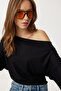 Asymmetrical Neckline Flowy Stretchy Knitted Blouse Lub0309 Black