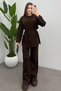Women's Brown Waist-Tied Button Detailed Corded Fabric Knitwear Sweater Trousers Two-Piece Set