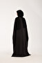 Women's Black Hijab Evening Dress with Stone Embroidered Cape on the Front - 5