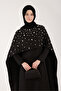 Women's Black Hijab Evening Dress with Stone Embroidered Cape on the Front - 3