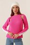 Double Color Women's Knitwear Sweater Fuchsia Round Neck Off-The-Shoulder Long Sleeve - 4