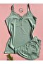 Women's Cotton Stretch Fabric Lace V-Neck 4-Piece Green, Black, Powder, Blue String Strap Undershirt and Panties Set - 5