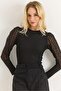 Long Sleeve Design Blouse with Tulle Detail on the Sleeves Black - 3