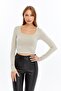 Women's Stone Color Square Neck Long Sleeve Crop Blouse - 2