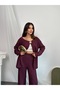 Burgundy Wrinkled Buckle Cardigan Trouser Set - 1371 - 6