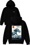 Hokkadıdo Wawe Design Printed Oversized Black Hooded Sweatshirt