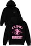 University Cupid Design Printed Oversized Black Hooded Sweatshirt