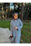 V Neck Corded Fabric Pants Sweater Double Knitwear Set -Blue - 2