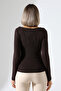 Long Sleeve Boat Neck Gathered Side Bodycon Basic Women's Body T-Shirt 21951 Brown - 4