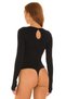 Women's Black Boat Neck Long Sleeve Fingerless Backless Silk Jersey Gathering Bodysuit - 4