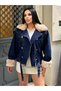 Sagi̇ Women's Cuff & Collar Fur Detailed Metal Button Cross Zipper Inside Fully Fur-Lined Denim Coat