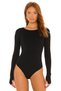 Women's Black Boat Neck Long Sleeve Fingerless Backless Silk Jersey Gathering Bodysuit - 2