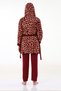 Burgundy Giraffe Pattern Hooded Velvet Dressing Gown Suitable for Breastfeeding Pregnant and Postpartum Pajama Set - 3
