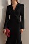Women's Long Sleeve Collared Waist-Fitted Midi Imported Crepe Dress