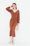 Women's Long Sleeve Knitwear V-Neck Wool Viscose Dress - 6