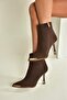 V820200504 Brown Fabric Thin Heeled Pointed Toe Ankle Boots - 3