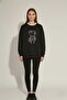 Women's Cat Embroidered Sweatshirt – Comfortable Fit, 3 Thread, No Pile, Black & Gray Melange - 2