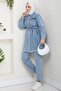 Women's Pearl Detailed Belted Blue Denim Set - 2