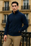 Men's Winter Basic Zippered Pocket Navy Blue Fleece Cardigan - 4