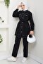 Women's Pearl Detailed Belted Black Denim Suit