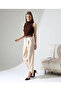 Women's Cream High Waist Pleated Straight Belted Ankle Length Carrot Cut Fabric Pants - 3