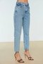 Bt16518850 Women's Blue Snow Wash High Waist Comfort Stretch Fabric Denim Mom Jeans Pants - 2