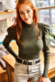 Women's Khaki Princess Sleeve Stretch Fabric Blouse Blz-19003154
