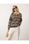 Khaki - Retro Thick Striped Buttoned Polo Neck Knit Sweater