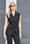 Women's Wide Collar Pocketed Double-Breasted Button Lightweight Stretchy Fabric Stylish Vest-Black - 5