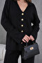 Women's Black Self-Textured Buttoned Sweater Pants Knitwear Bottom-Top Set - 2