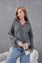 Women's Anthracite Polo Neck Oversized Half Placket Soft Textured Knitwear Sweater - 7