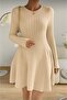 Beige Long Sleeve Fitted Ribbed Knit Mini Dress