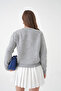 Women's Gray Crew Neck Button Detail Patterned Knitwear Cardigan - 8