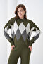 Women's Khaki Crew Neck Argyle Pattern Sweater Pants Knitwear Top and Bottom Set - 2