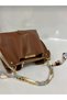 Women's Soft Leather 3-Compartment Handbag, Shoulder Bag with Scarf and Chain Accessories - 5