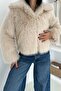Women's Beige Lined Premium Shawl Collar Fur - 5
