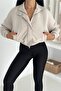 Women's Beige Zippered Buttoned Modal Fabric Premium Crop Jacket - 4